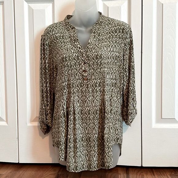 New Directions Green White Boho Casual Top Blouse Shirt Medium M - Picture 2 of 6